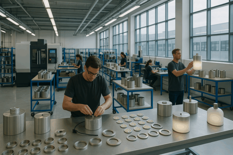Vue d'un atelier industriel moderne où des artisans assemblent des luminaires design dans un environnement lumineux et organisé