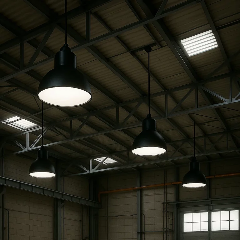 Titre : Installation d'un luminaire industriel dans un espace de travail moderne Texte alternatif : Dans un environnement de travail industriel moderne, tel qu'un sol de fabrication ou un entrepôt, un technicien en tenue de sécurité installe un luminaire industriel de haute qualité. L'éclairage, essentiel dans ces espaces, met en avant la fonctionnalité et le design distinctif du luminaire, physiquement intégré dans un espace de travail propre et organisé. Les teintes métalliques grises et les bleus froids dominent l'image, tandis que la lumière vive met en valeur le luminaire. La scène est capturée en haute résolution, offrant des détails précis et une profondeur de champ réaliste, créant ainsi une atmosphère immersive. L'orientation de l'image est optimisée pour un format paysage, ce qui permet de mettre en avant le luminaire industriel tout en véhiculant un message d'efficacité et de modernité dans les solutions d'éclairage industriel.