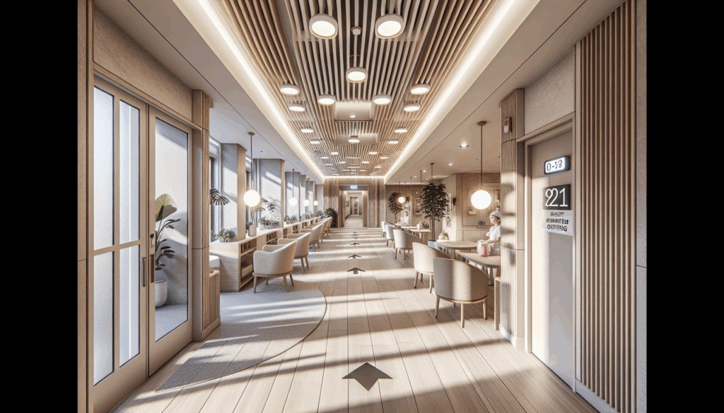 EHPAD: espace de vie éclairé, luminaires et balisage de sécurité visibles, exemple d’éclairage erp conforme et accessible