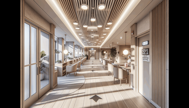 EHPAD: espace de vie éclairé, luminaires et balisage de sécurité visibles, exemple d’éclairage erp conforme et accessible