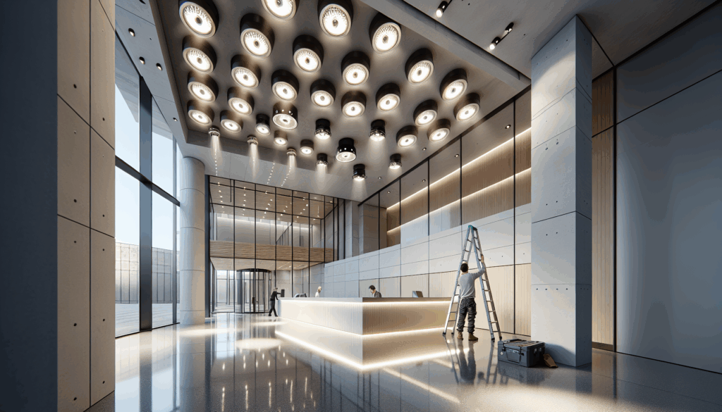 Spot led encastrable dans un plafond d’ERP, éclairage directionnel uniforme, optique anti-éblouissement, finition blanche.