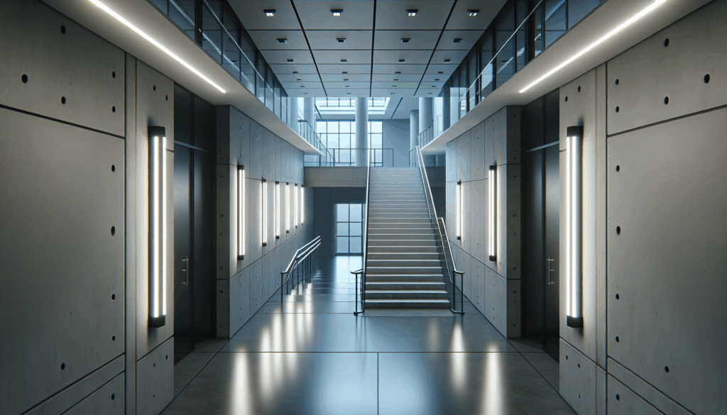 Éclairage de sécurité d’un escalier: appliques LED asymétriques assurant la lisibilité des marches pour l’évacuation