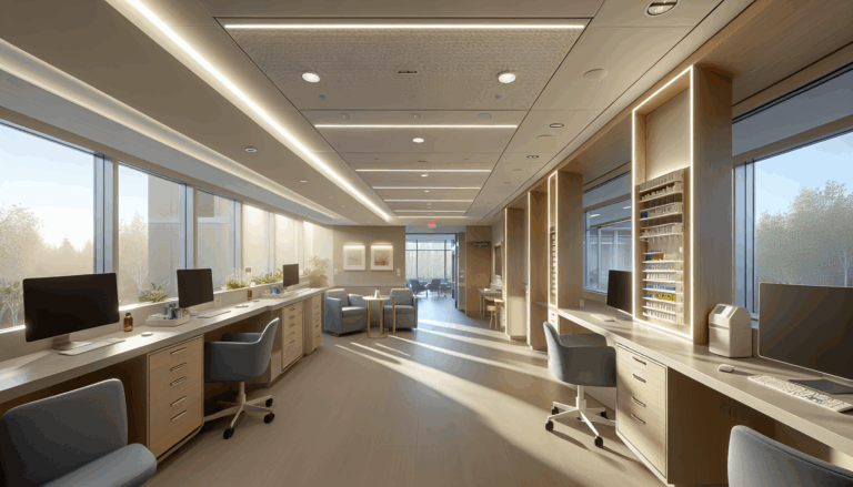 EHPAD, poste infirmier avec éclairage bureaux homogène, réduit l’éblouissement et sécurise les circulations