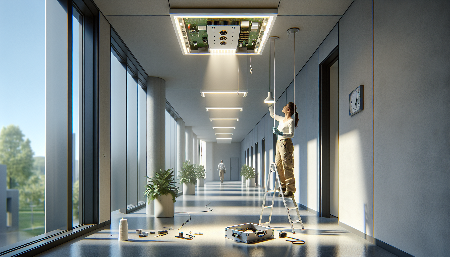 Technicien remplaçant le driver d’un luminaire éco-responsable modulaire dans un bâtiment public, pièces détachées traçables