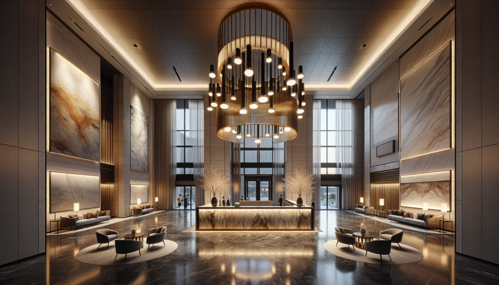 Lobby d’hôtel éclairé par un luminaire haut de gamme sur mesure, ambiance chaude, contrastes maîtrisés à la réception.