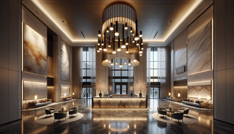 Lobby d’hôtel éclairé par un luminaire haut de gamme sur mesure, ambiance chaude, contrastes maîtrisés à la réception.