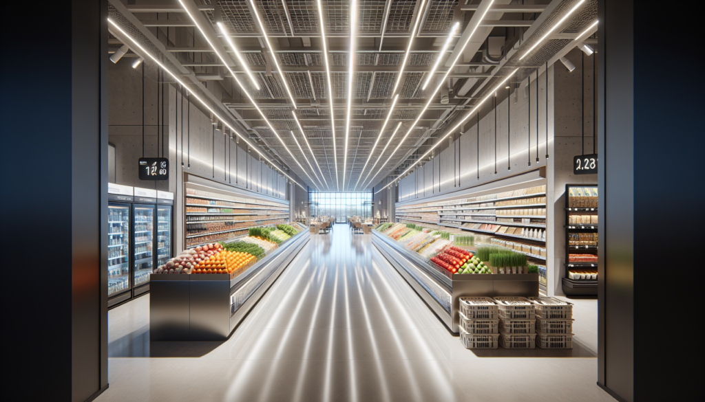 Allée de supermarché avec LED, produits mis en valeur; éclairage magasin optimisé pour visibilité et énergie réduite