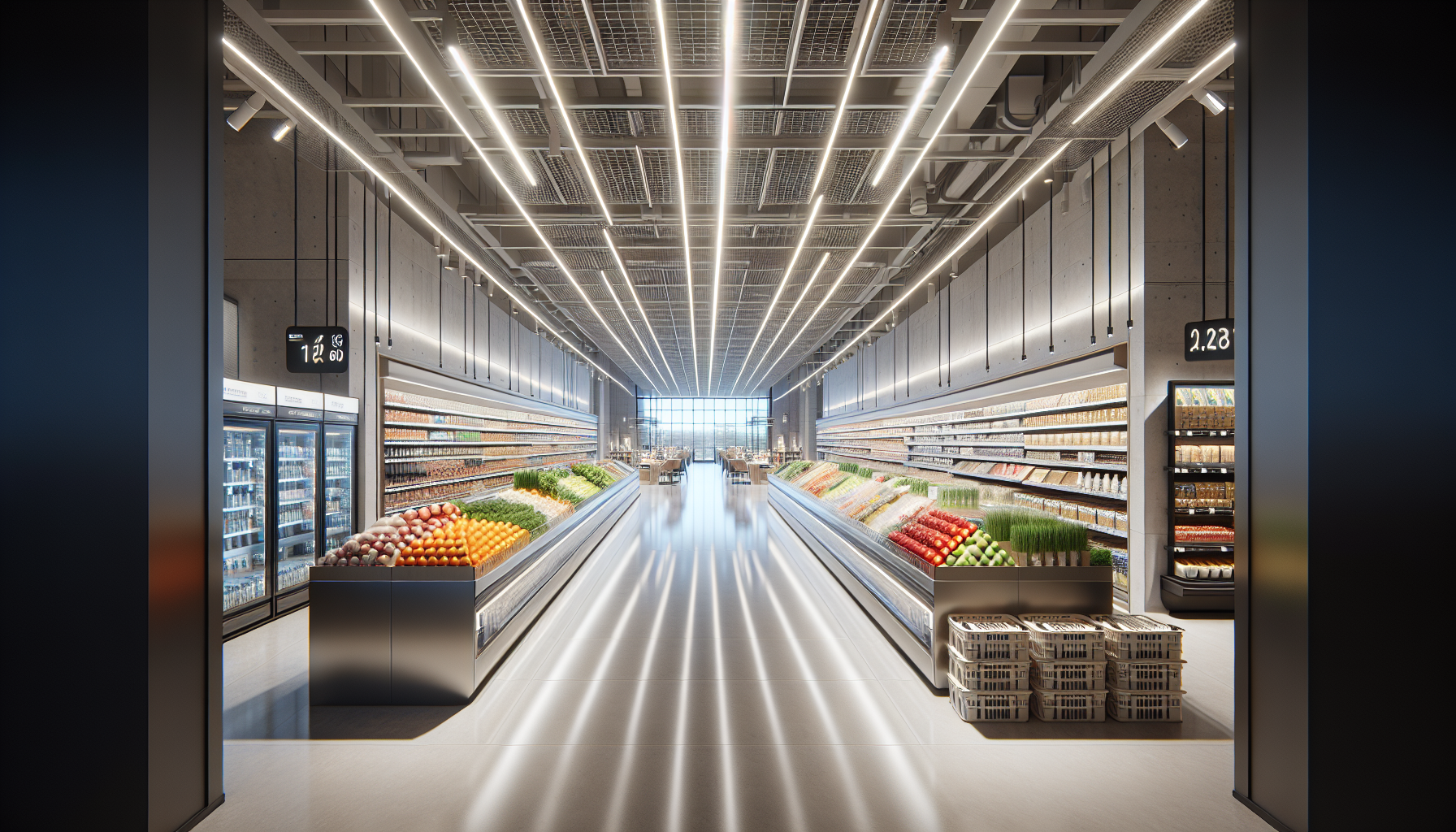 Allée de supermarché avec LED, produits mis en valeur; éclairage magasin optimisé pour visibilité et énergie réduite