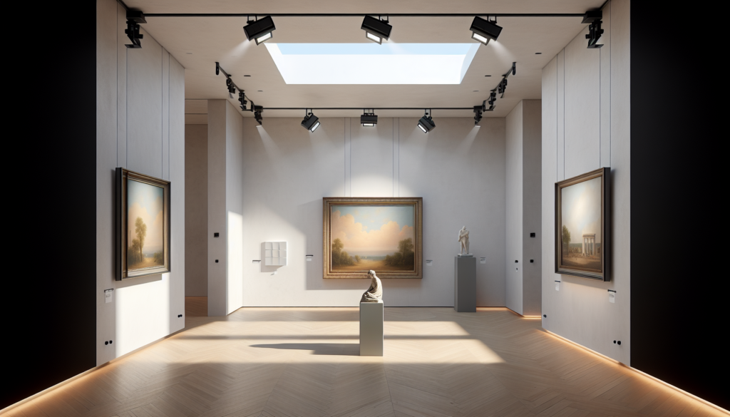 Galerie d’art: tableaux et sculpture mis en valeur par projecteurs LED; éclairage architectural précis pour la conservation.