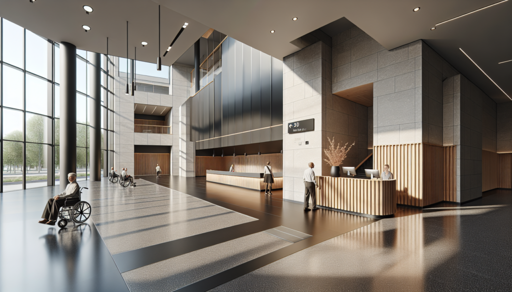 Hall d’ERP bien éclairé avec cheminement LED, nez de marche contrastés et signalétique PMR, selon la norme éclairage erp