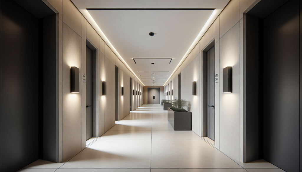 Applique murale design THEA de Cubispot, éclairage LED up and down sur mur texturé pour couloirs et espaces d’accueil