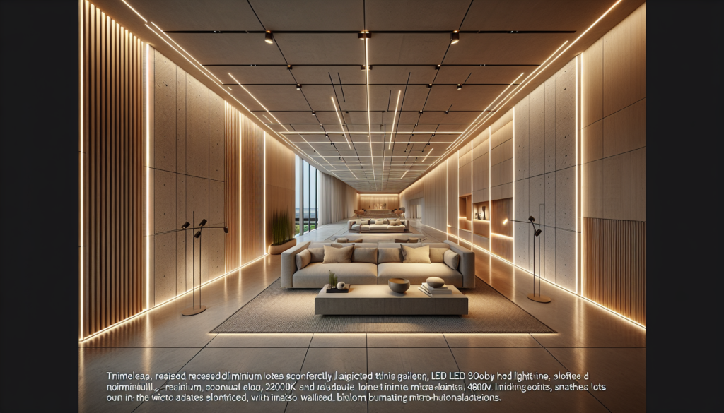 Intérieur, lignes rectilignes encastrées au plafond, rails 48V et micro spots; éclairage architectural led minimaliste