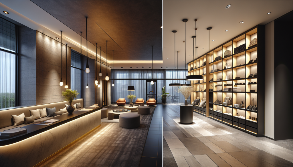 Lobby d’hôtel et boutique animés par un éclairage professionnel, zones d’accentuation guidant le parcours client
