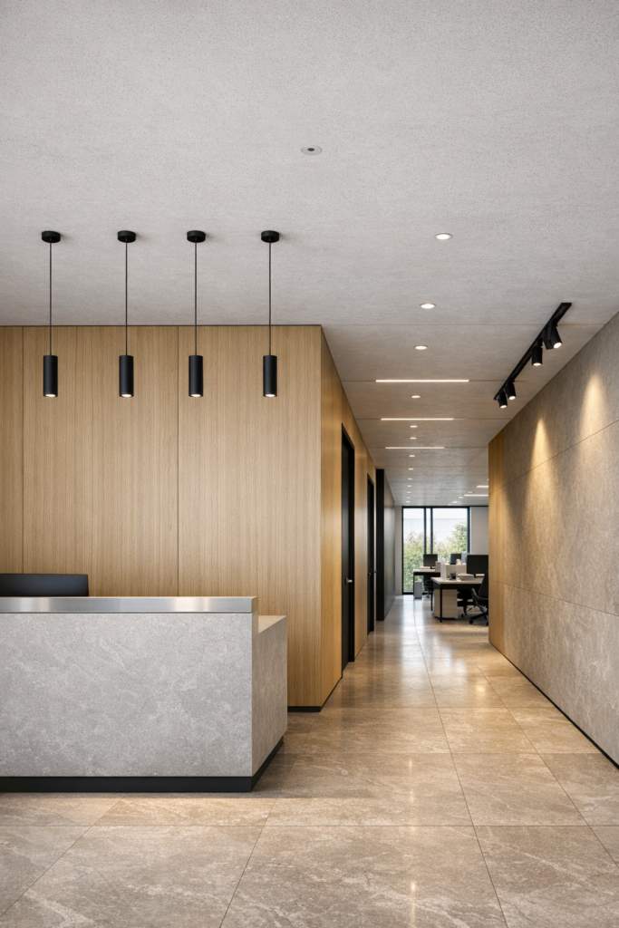 Intérieur contemporain éclairé par un luminaire design français; lignes épurées, finitions mates, ambiance homogène.
