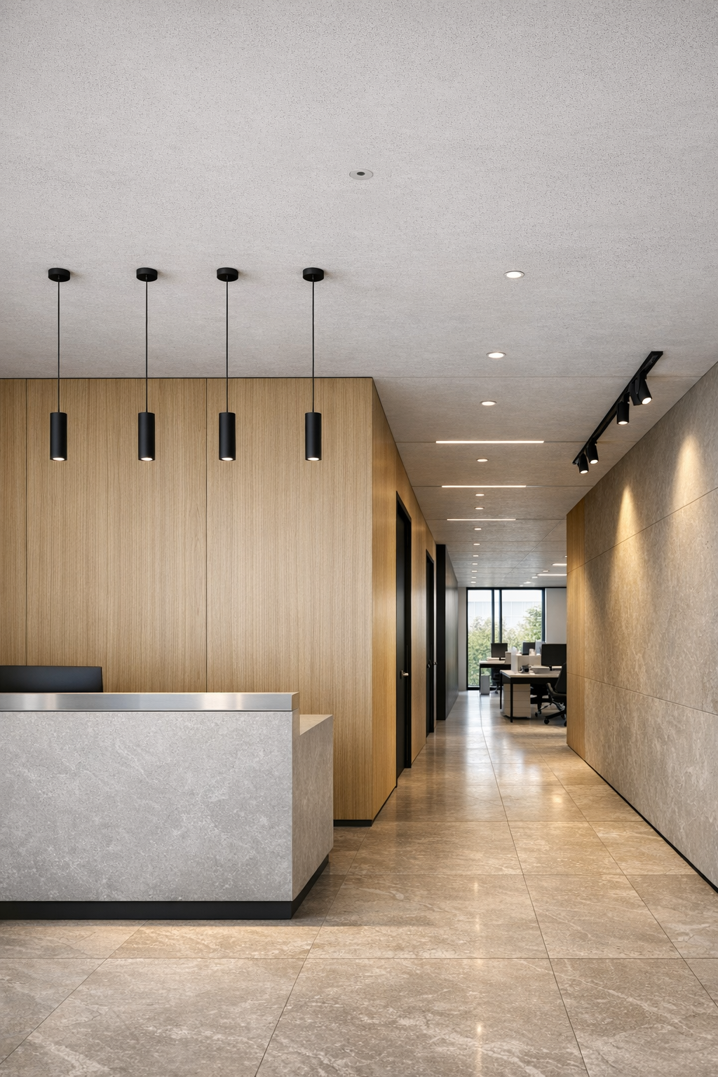 Intérieur contemporain éclairé par un luminaire design français; lignes épurées, finitions mates, ambiance homogène.